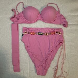 Pink Bikini Set with Floral Belt